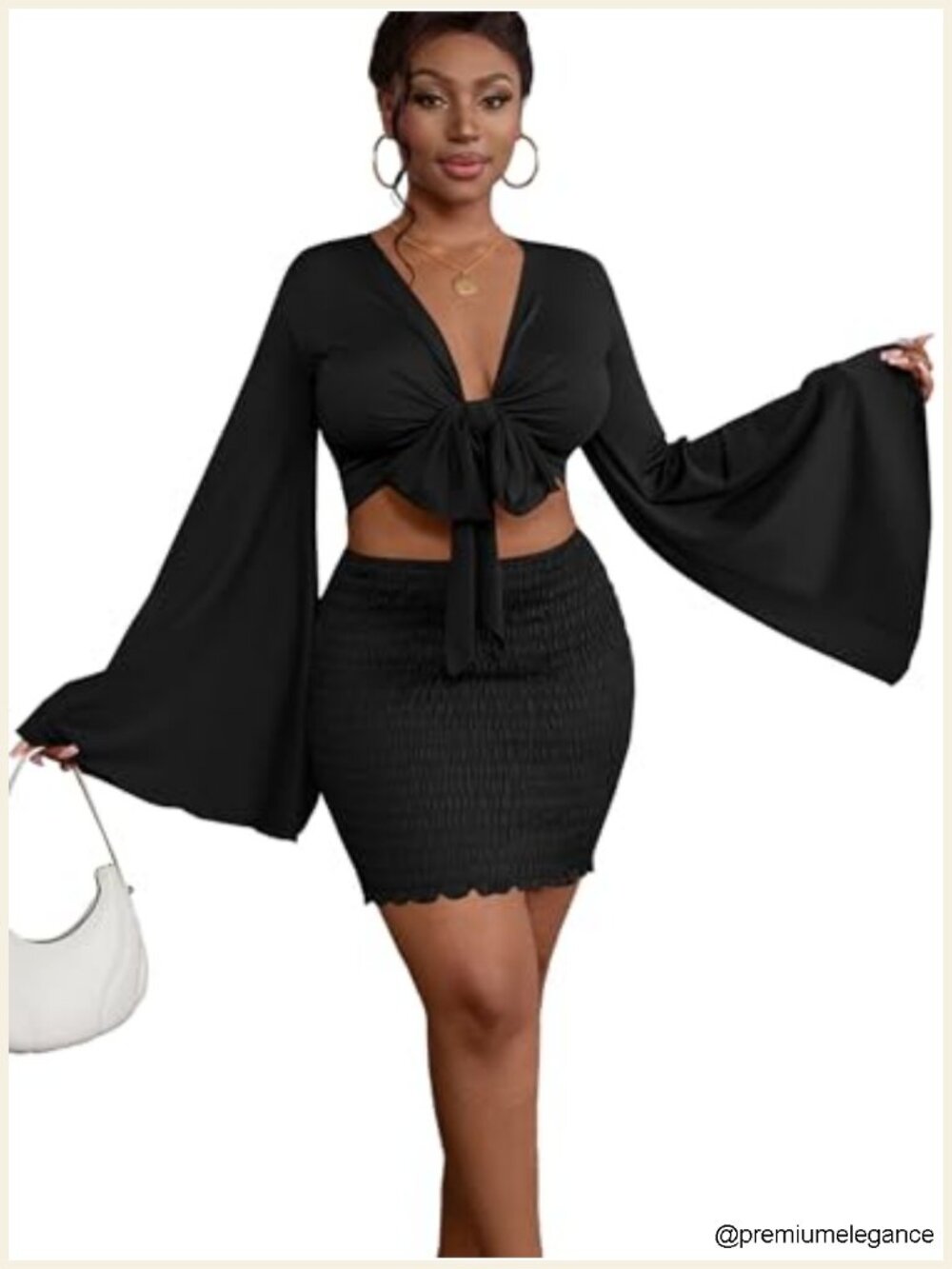 Two Piece Skirt Set Tie Knot Crop Top Bell Sleeve Mini Skirt Vacation Outfit